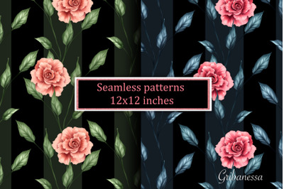 Floral patterns with roses on black | Dark digital paper