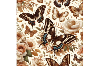 Bundle of Seamless beige pattern with white and brown butterflies