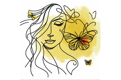 A bundle of One single line drawing woman with butterfly line art vect