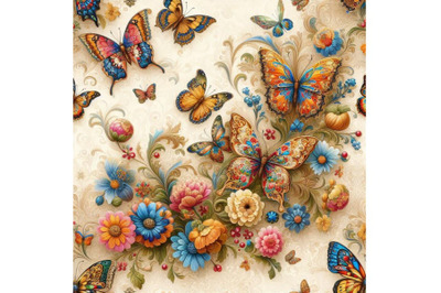 Bundle of Seamless beige pattern with bright colorful butterflies and