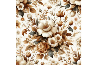 Bundle of Seamless white floral pattern with vintage brown elements