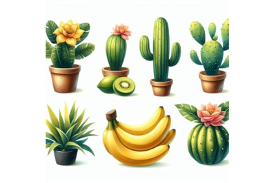 Bundle of Cute tropcal set with bananas, cacti and leaves. Isolated on