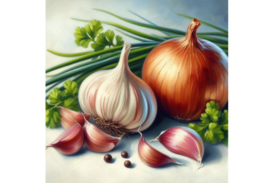 Bundle of Onion and garlic. Illustration on white background