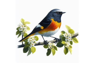 Bundle of American Redstart bird watercolor painting white background