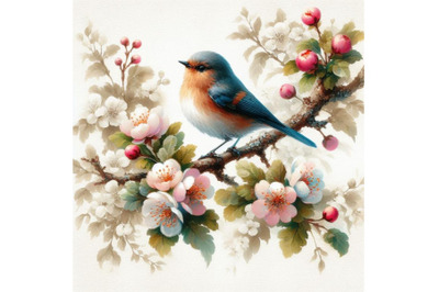 Bundle of Vintage watercolor floral card, bird on a blooming branch