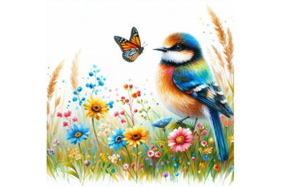 Bundle of Watercolor colorful Bird and butterfly with grass and flower