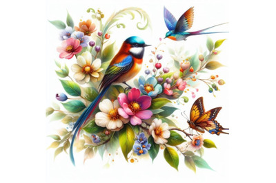 Bundle of Watercolor colorful Birds and butterfly with leaves and flow