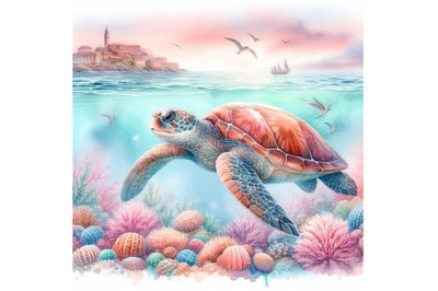 bundle of Big sea turtle watercolor painting