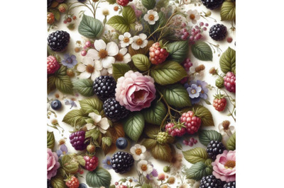 Bundle of Seamless floral background with blackberry fruits and flower