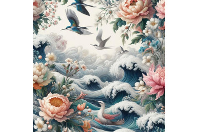 Bundle of Seamless floral background with waves and birds