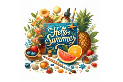 Bundle of Hello summer lettering. Vector illustration on white backgro