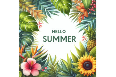 Bundle of Hello summer. Tropical leaves frame. Vector card template