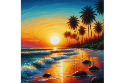 Bundle of Sunset on the beach with palm silhouette&2C; vector