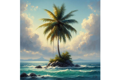 Bundle of Lonely palm tree in the middle of ocean on background of sky