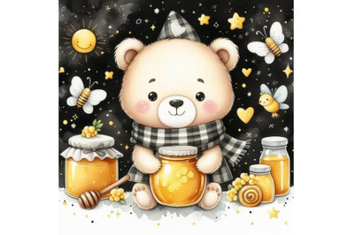 A bundle of cute bear holding honey jar