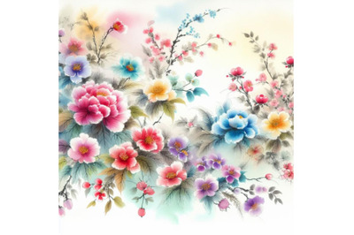 bundle of Colorful Chinese painting, traditional ink artwork of flower