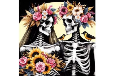 A bundle of couple skulleton with flowers