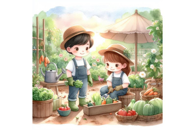 bundle of Kids in a vegetable garden