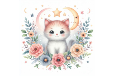 bundle of Cute cat surrounded by flowers and stars