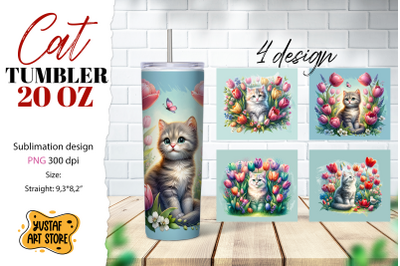 Cat tumbler wrap. Cute cat in flowers sublimation 4 design