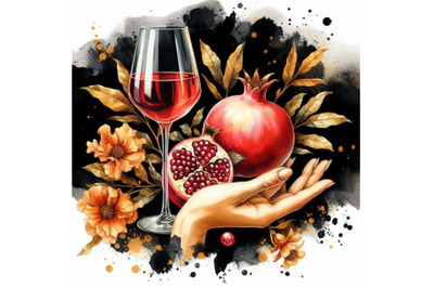 A bundle of Glass of wine in hand. Pomegranate fruit with leaves