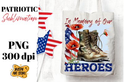 Patriotic sublimation. Military boots and poppy flowers PNG