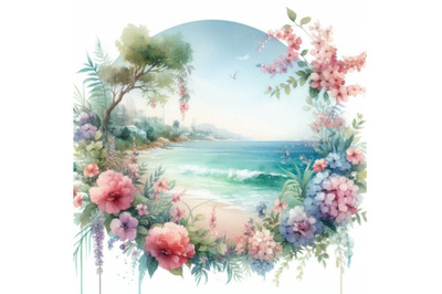 bundle of Summer sea view and beautiful flowers inside the circle