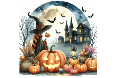 bundle of Pumpkin with hat witch in scene Halloween