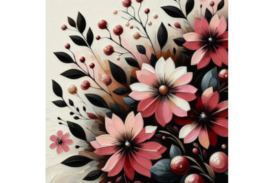 Bundle of Retro spring flowers. Stylized abstract pink and black flowe