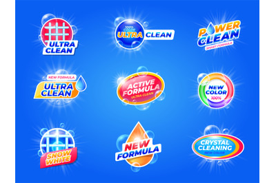 Laundry detergent label. Washing powder emblem package with bubbles, s