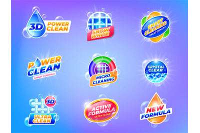 Laundry disinfectant emblems. Washing gel and powder detergent for clo