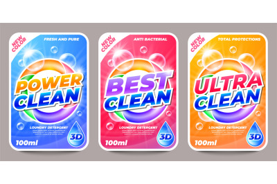 Laundry detergent stickers. Washing powder and soap labels, liquid cle