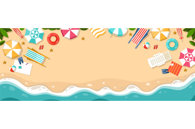 Cartoon beach top view. Summer sea landscape with sand and umbrellas&2C;