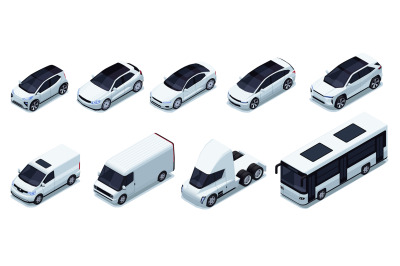 Various isometric car. Logistic delivery vehicles with cargo tra