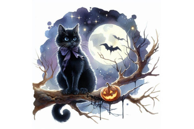 bundle of Black cat on dead branch on Halloween night