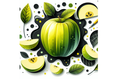 A bundle of Vector paper cut green apple fruit, cut shapes. 3D