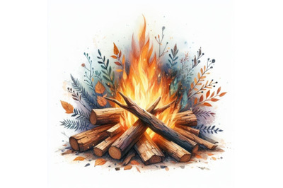 bundle of Burning bonfire with wood on white background