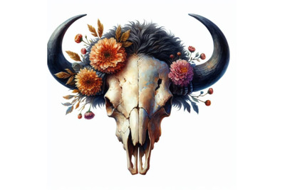 Bundle of watercolor buffalo skull isolate on white background