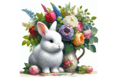 Bundle of a rabbit bunny with a bouquet of flowers isolate on white ba