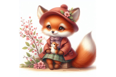 Bundle of Little Cute watercolor lovely fox with mouse isolate on whit