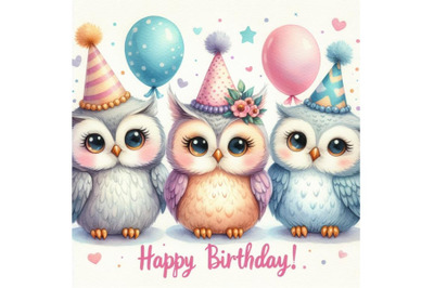 bundle of a cute three owls happy birthday