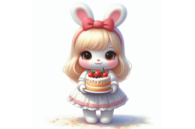 Bundle of Cute little bunny girl with cake  isolate on white backgroun