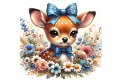 Bundle of Cute Watercolor Baby Deer with the blue ribbon surrounded by