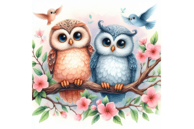 bundle of a cute couple owls on the tree