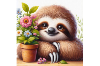 Bundle of Cute sloth with a pot of flowers