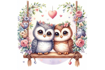 bundle of a cute couple owls in love on a swing