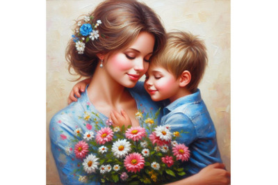 Bundle of Mom and child. Boy with flower for mom