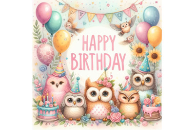 bundle of Happy birthday header with colorful owls