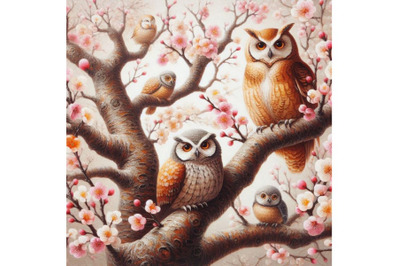 Bundle of Blooming tree and branches with sitting owls and birds