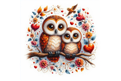 Bundle of owls in love sitting on branch